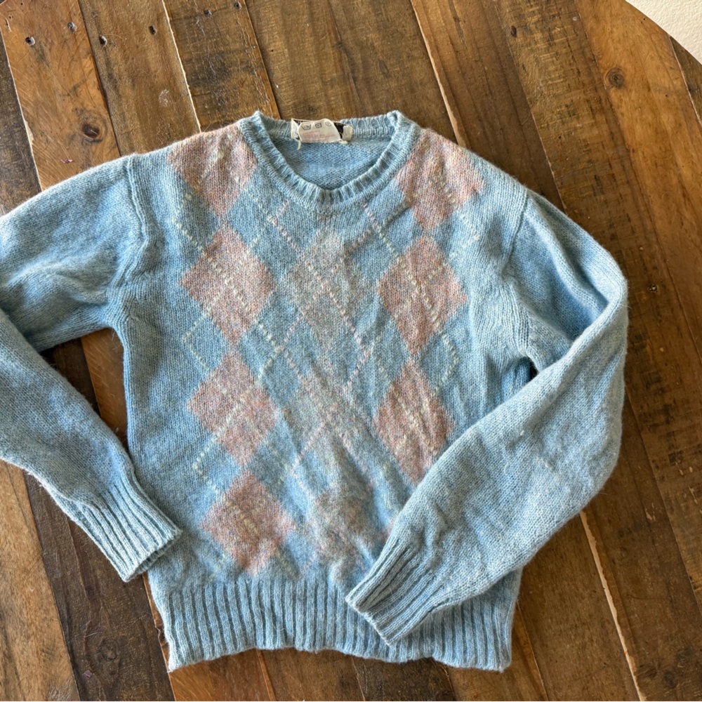 Argyle Pattern Blue and Pink Women's Sweater Vintage Shetland wool Ireland XS/S